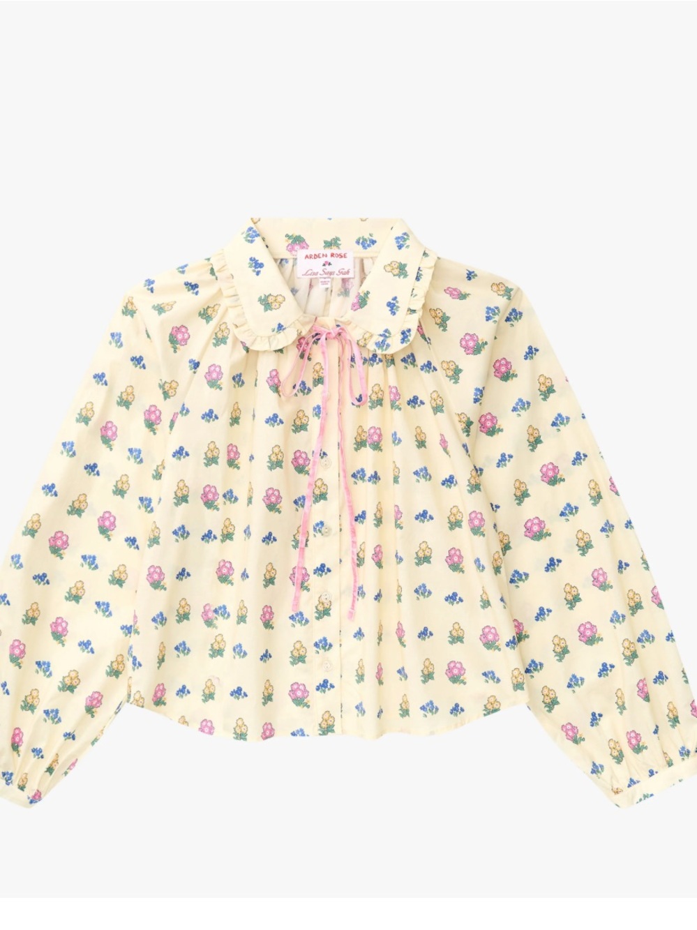 Lisa Says Gah Cream Floral Button-Up Blouse with Pink Tie